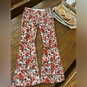 Free People Floral Flare Jeans - White with Red & Green Rose Print